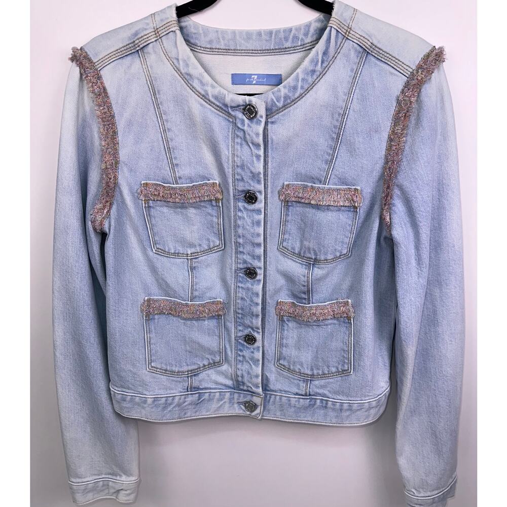 7 For All Mankind Light Wash Denim Jacket Pink Fringe Trim Button Front Size S - Picture 2 of 12